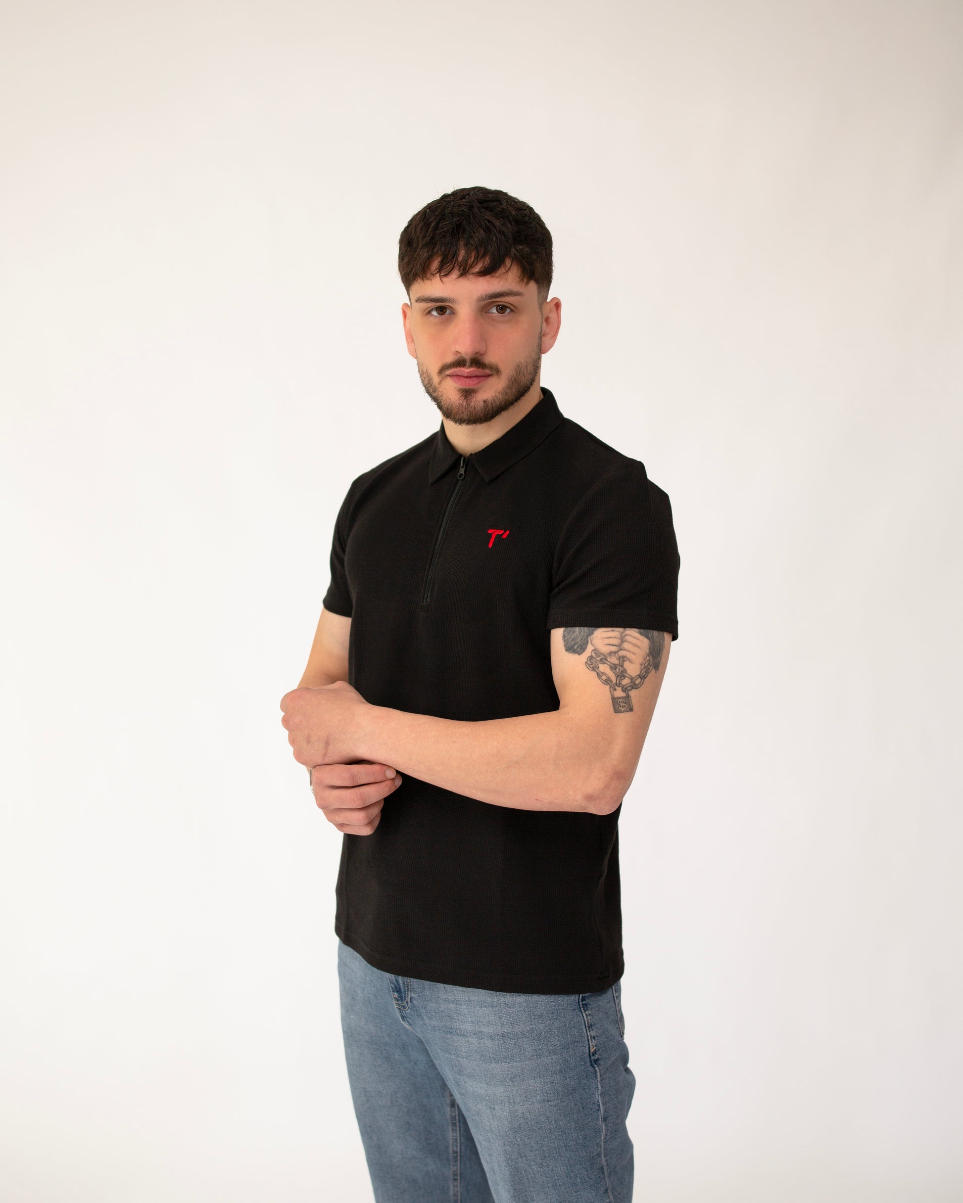T’omves Siyah Fermuarlı Polo Yaka T-Shirt