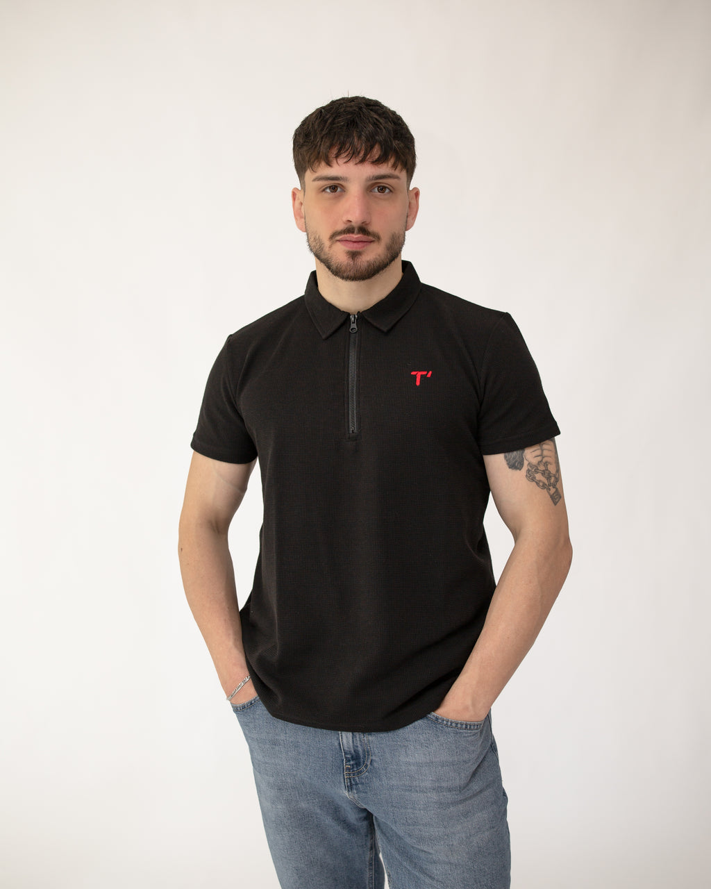 T’omves Siyah Fermuarlı Polo Yaka T-Shirt