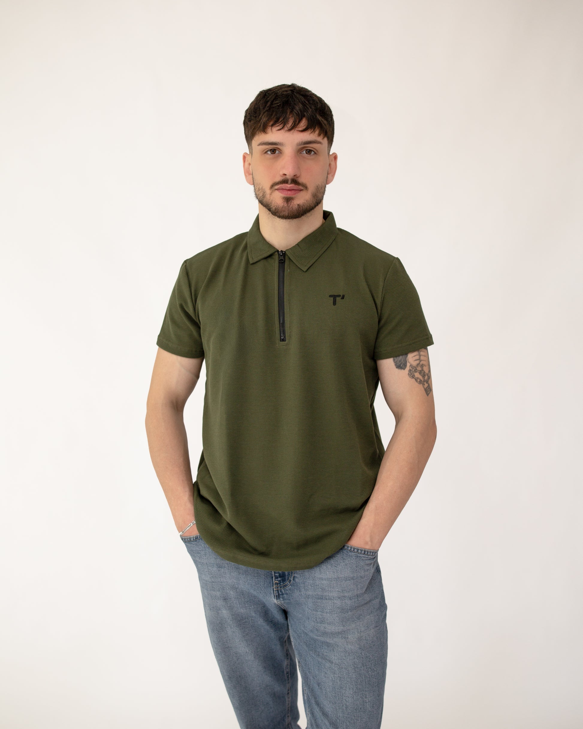 T’omves Haki Fermuarlı Polo Yaka T-Shirt