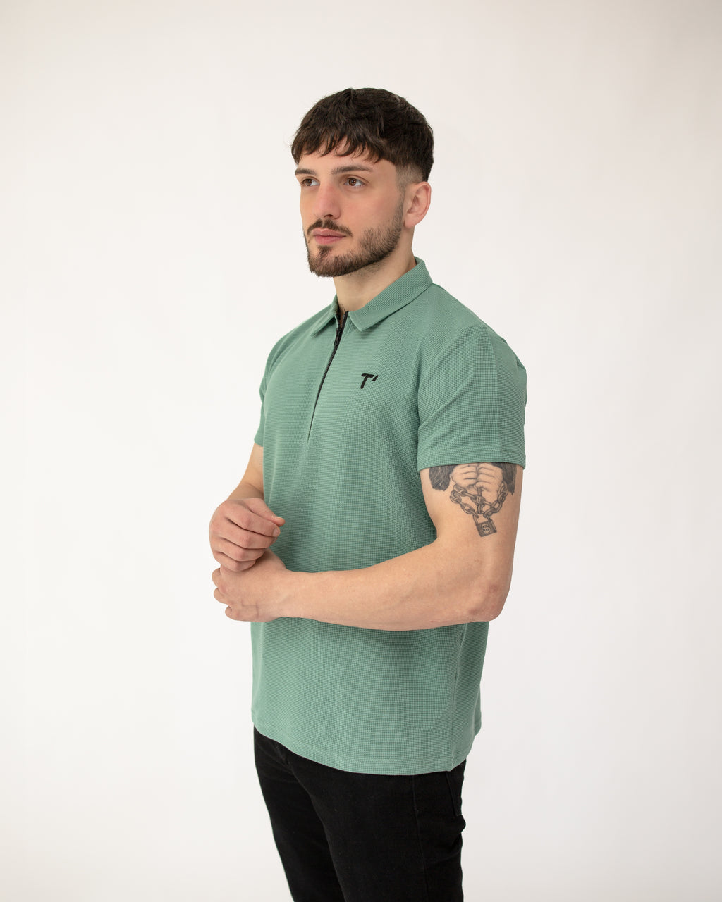 T’omves Yosun Yeşil Fermuarlı Polo Yaka T-Shirt