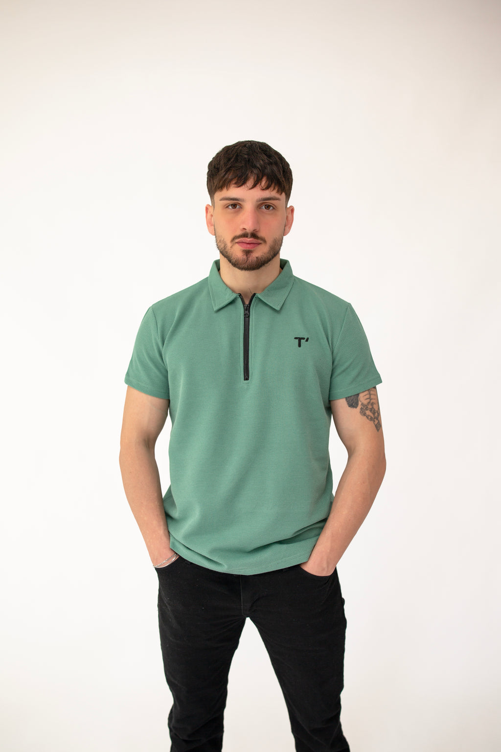 T’omves Yosun Yeşil Fermuarlı Polo Yaka T-Shirt
