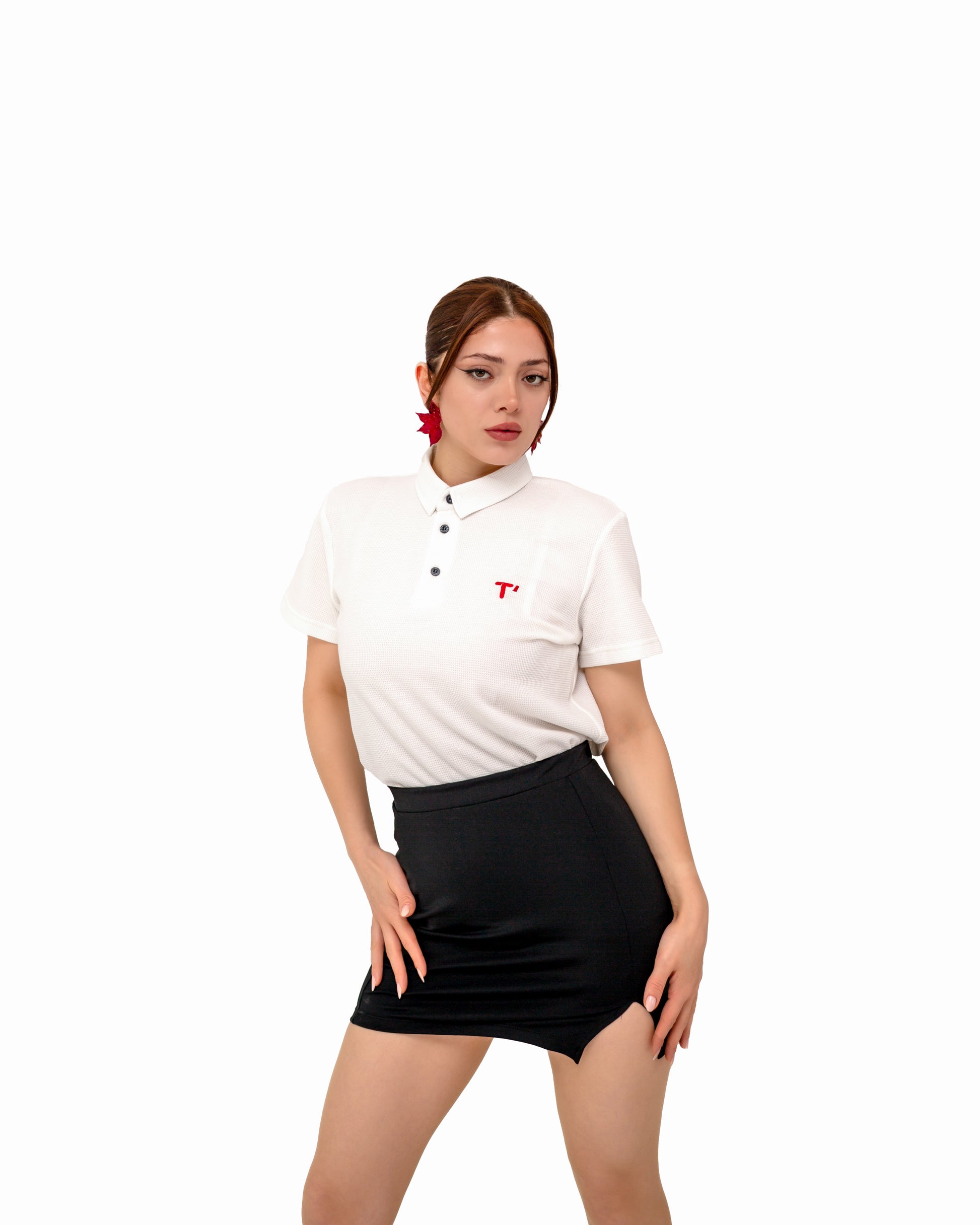 T’OMVES Beyaz Kadın Polo Yaka Düğmeli T-Shirt