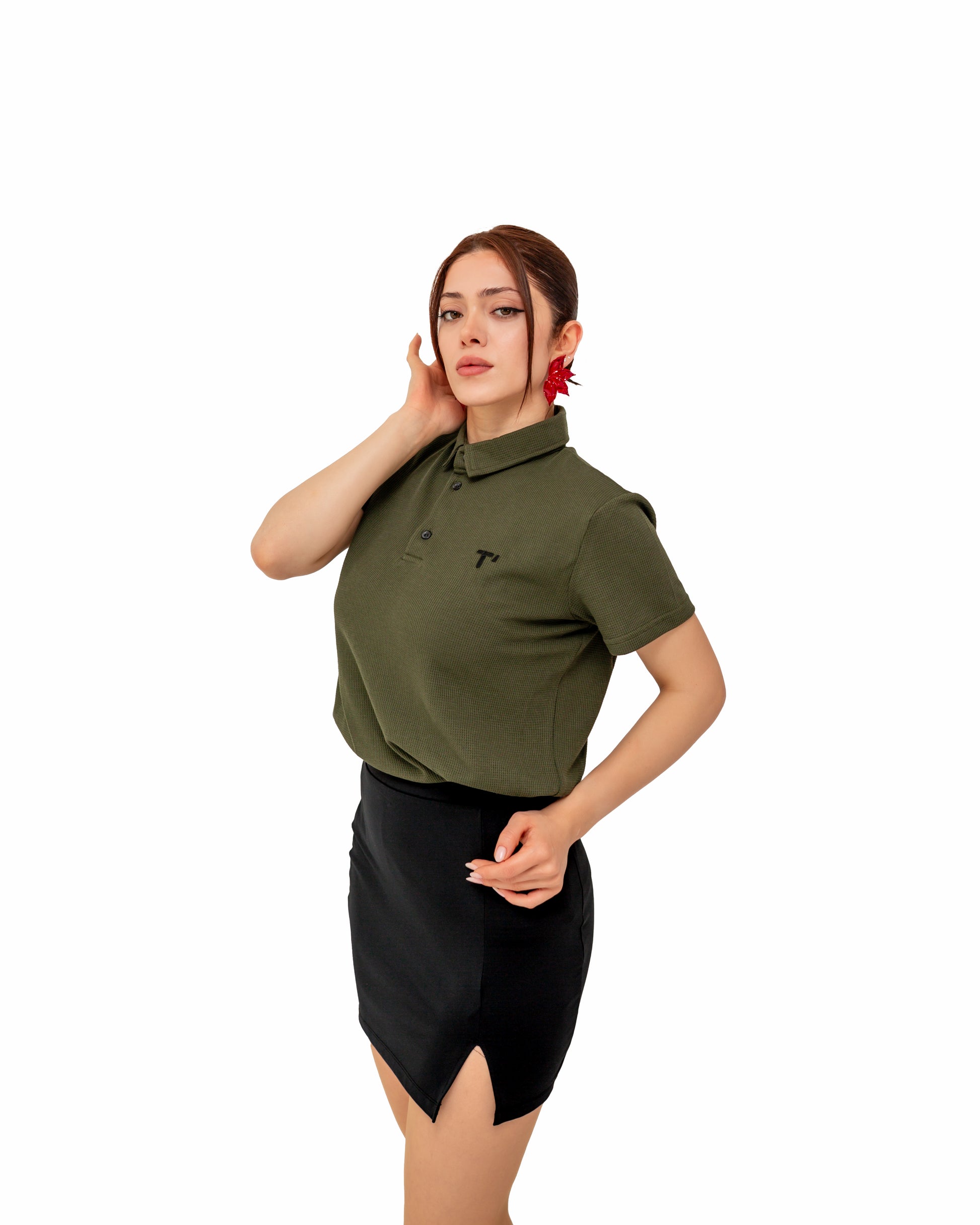 T’OMVES Haki Kadın Polo Yaka Düğmeli T-Shirt