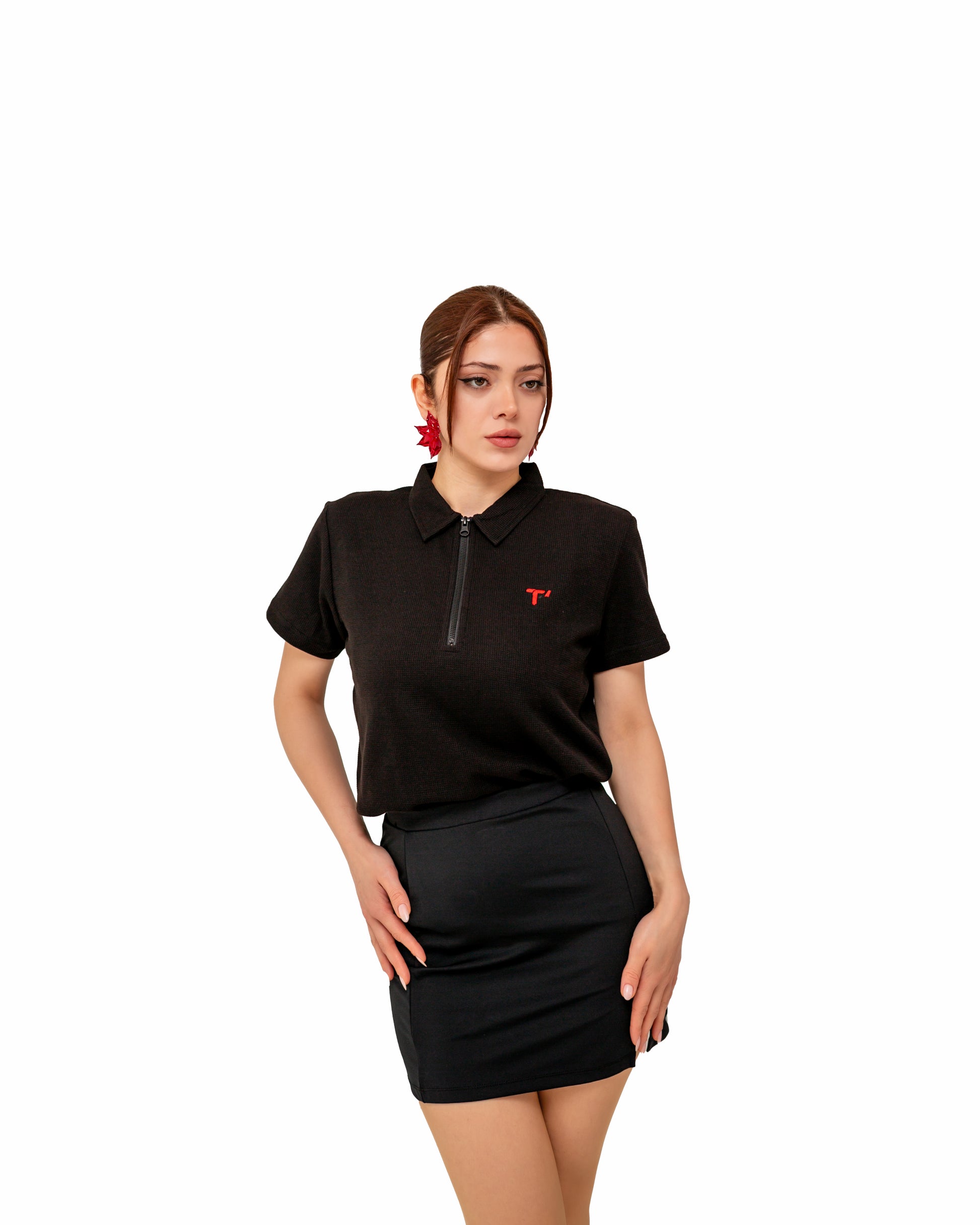 T’OMVES Siyah Kadın Polo Yaka Fermuarlı T-Shirt