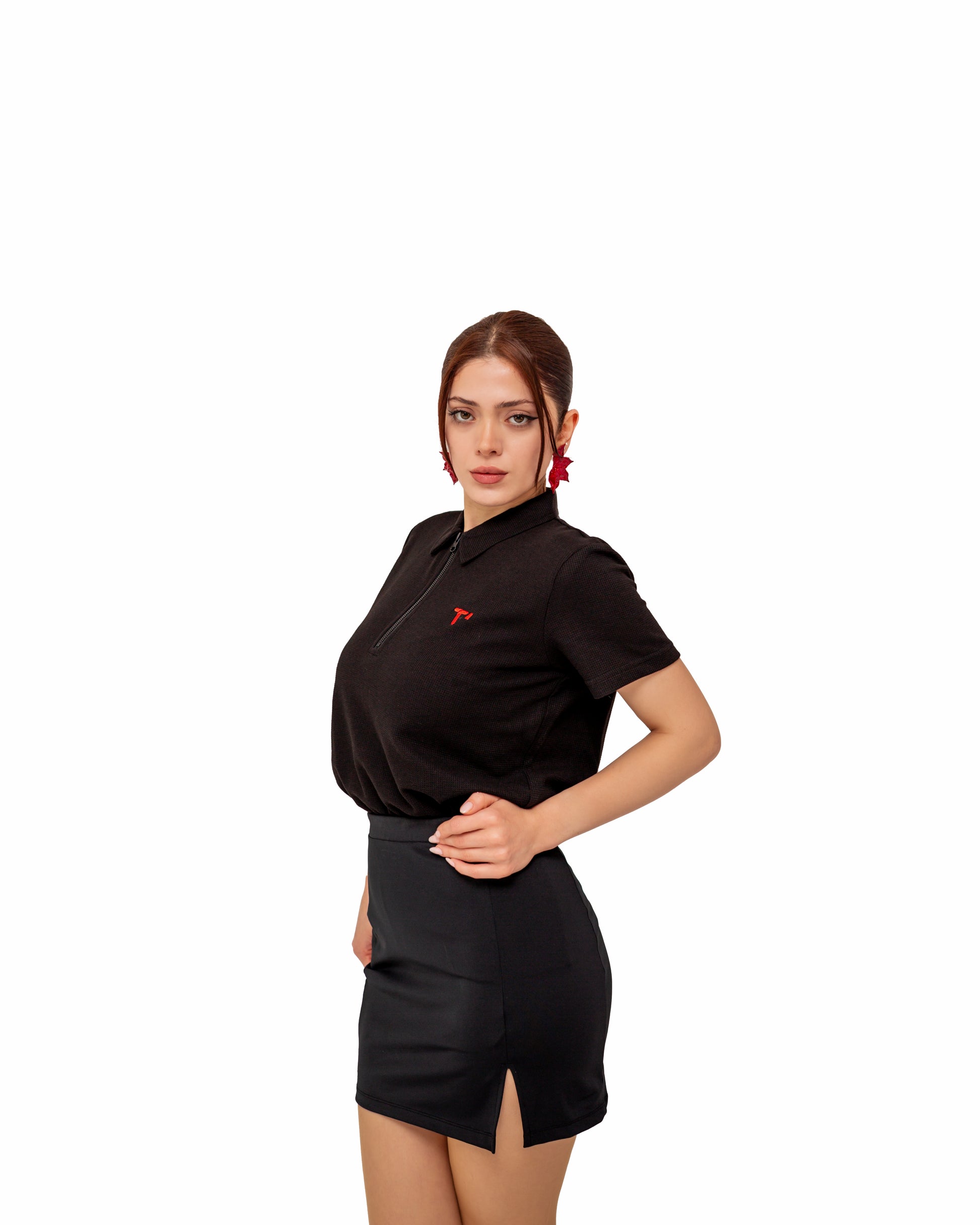 T’OMVES Siyah Kadın Polo Yaka Fermuarlı T-Shirt