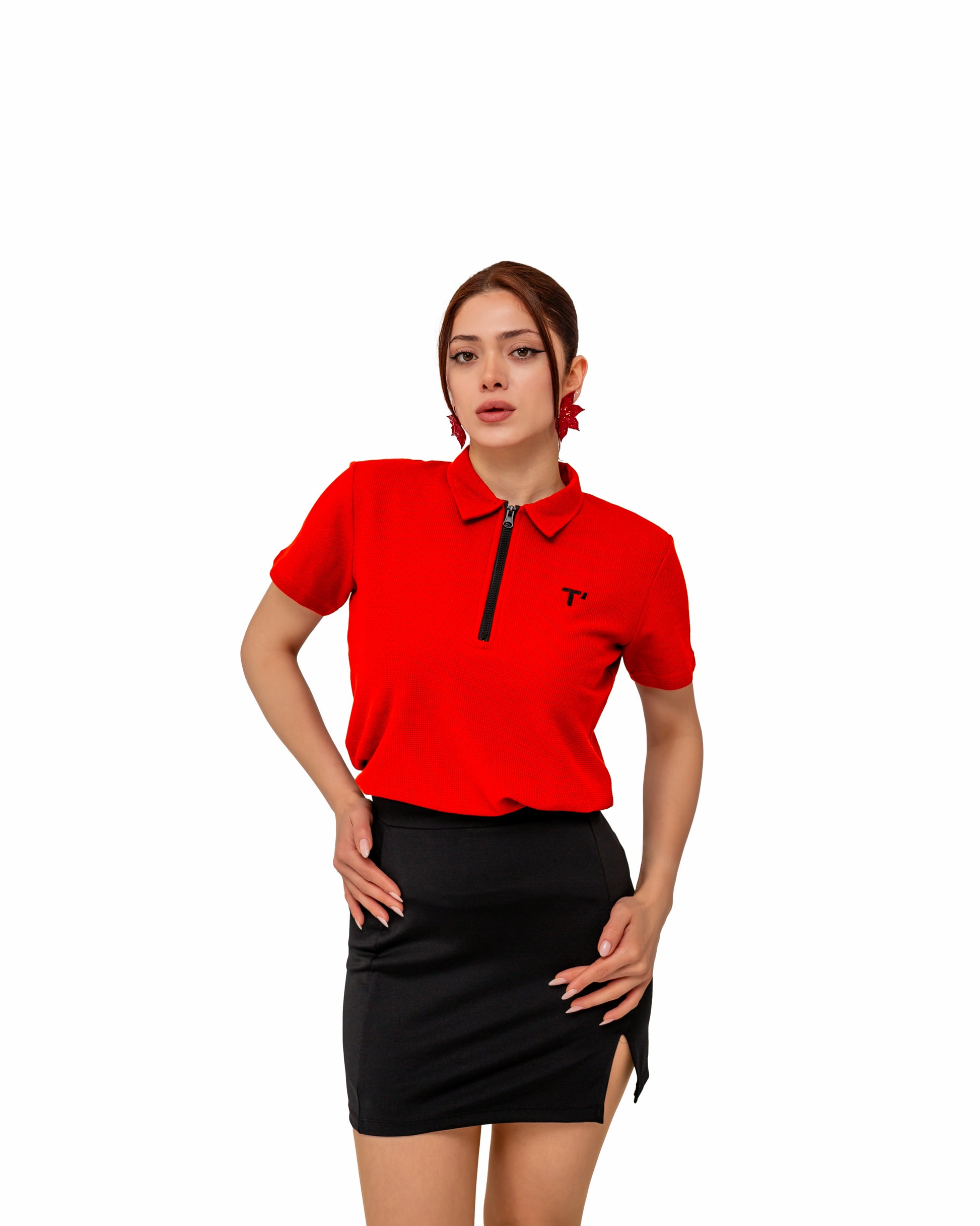T'OMVES KİREMİT KADIN POLO YAKA FERMUARLI T-SHİRT