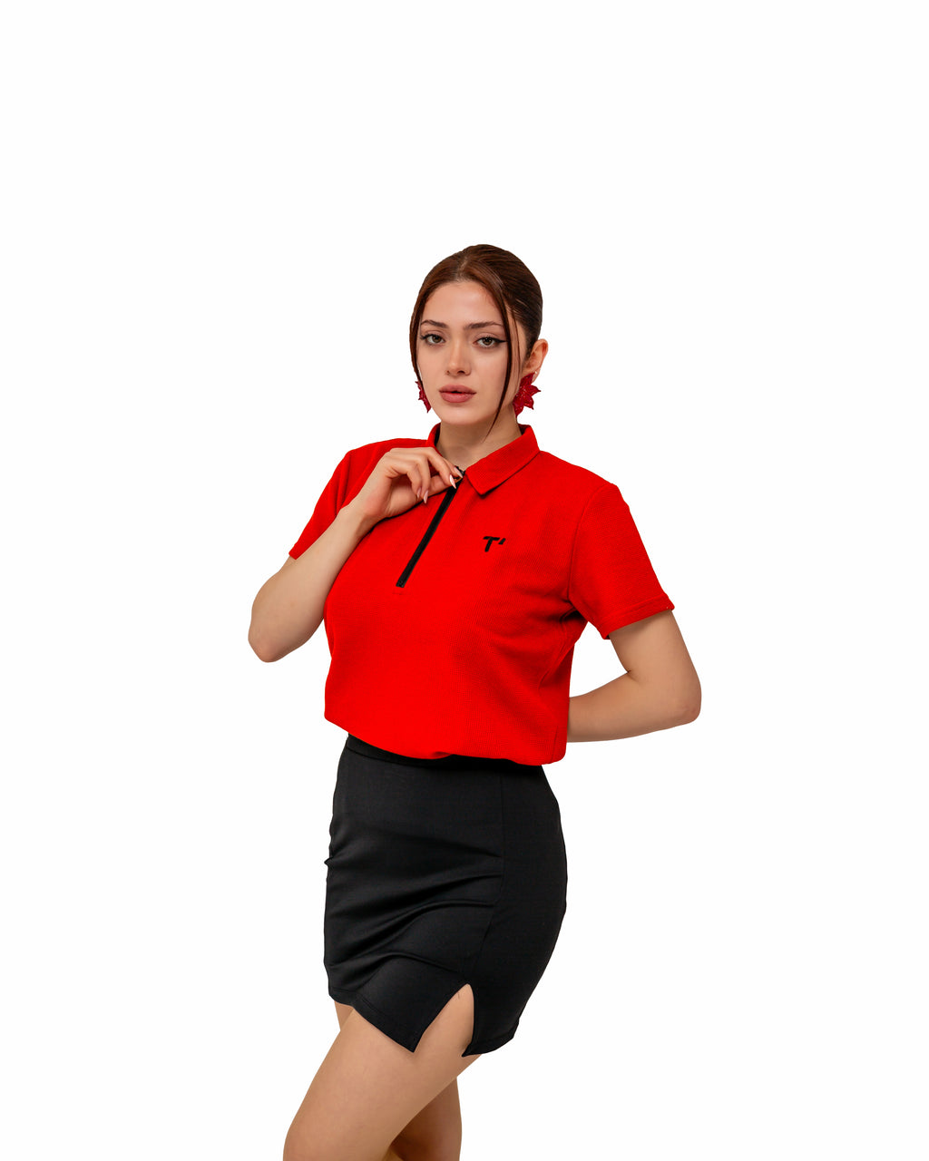 T'OMVES KİREMİT KADIN POLO YAKA FERMUARLI T-SHİRT