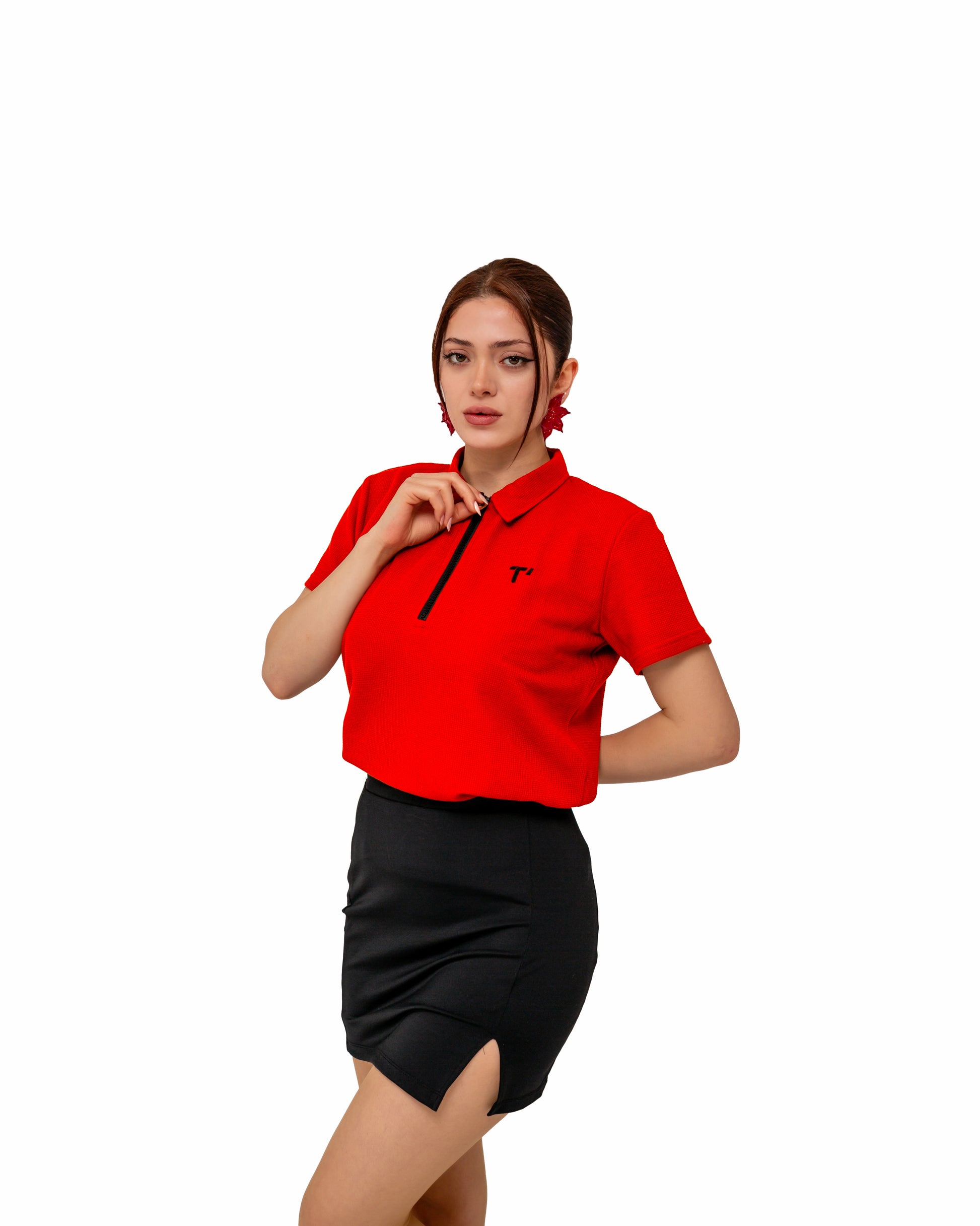 T'OMVES KİREMİT KADIN POLO YAKA FERMUARLI T-SHİRT