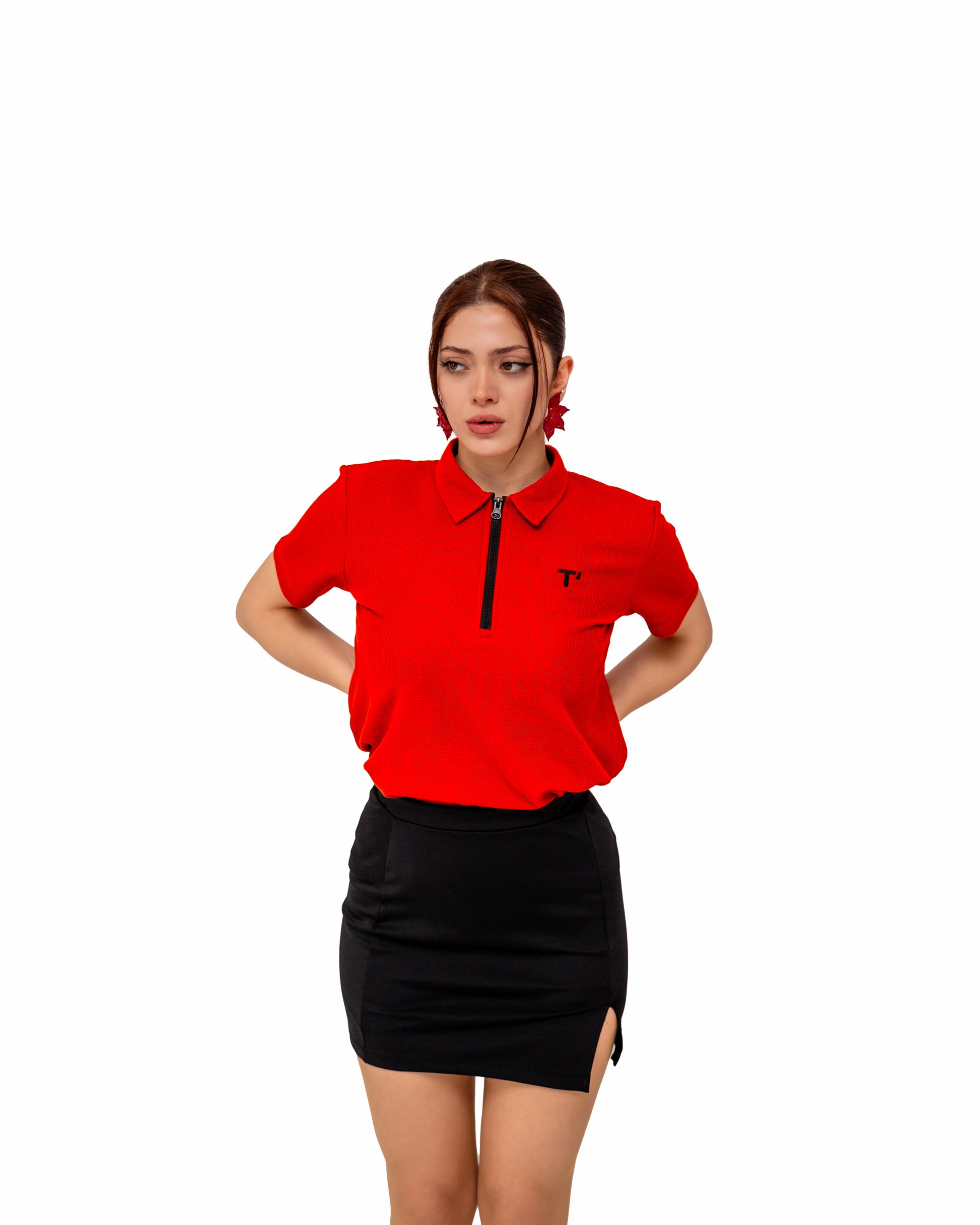 T'OMVES KİREMİT KADIN POLO YAKA FERMUARLI T-SHİRT